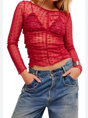 Free People Burgundy Ruched Long Sleeve Top